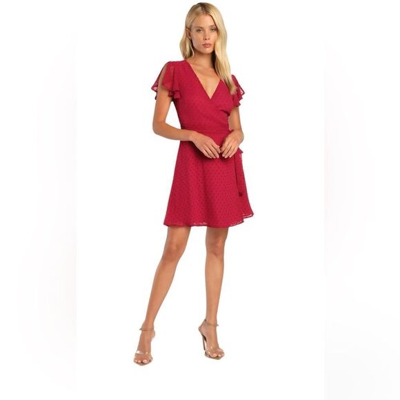 NWT Lulus Much to Celebrate Berry Swiss Dot Flutter Sleeve Wrap Mini Dress - Picture 1 of 12